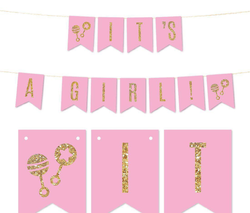 Gold Glitter It's A Girl/It's A Boy Hanging Pennant Party Banner-Set of 1-Andaz Press-Pink-