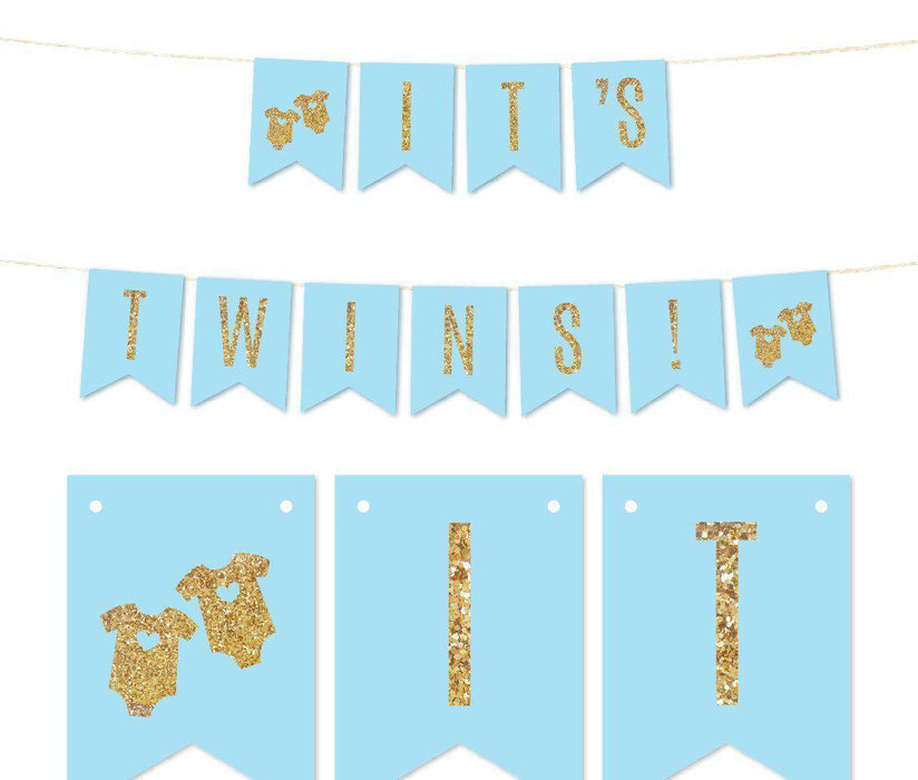 Gold Glitter It's Twins Pennant Party Banner-Set of 1-Andaz Press-Baby Blue-