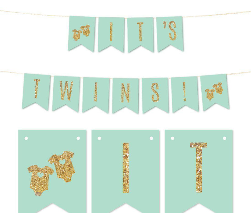 Gold Glitter It's Twins Pennant Party Banner-Set of 1-Andaz Press-Mint Green-