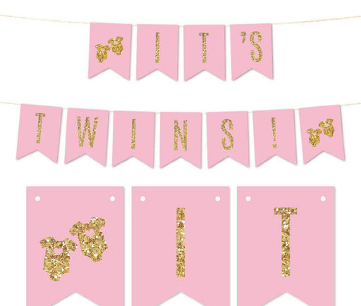 Gold Glitter It's Twins Pennant Party Banner-Set of 1-Andaz Press-Pink-