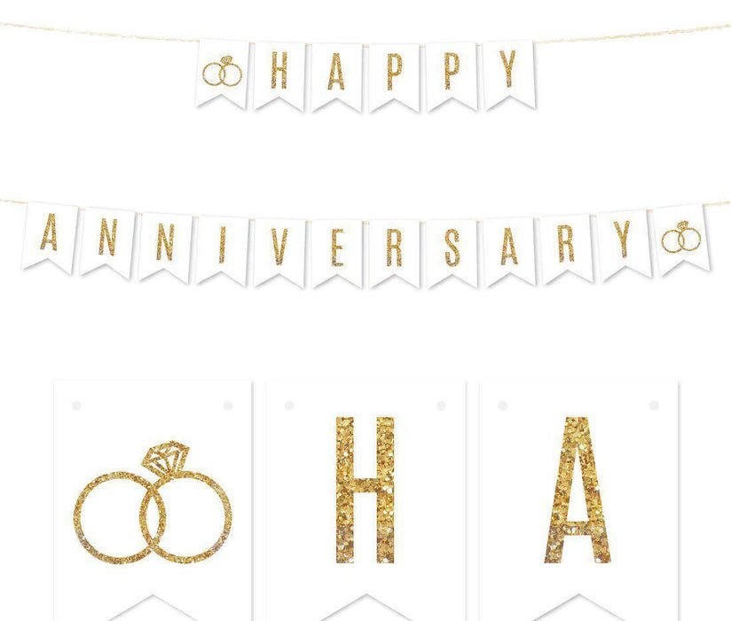 Gold Glitter Wedding Pennant Party Banner-Set of 1-Andaz Press-Happy Anniversary!-