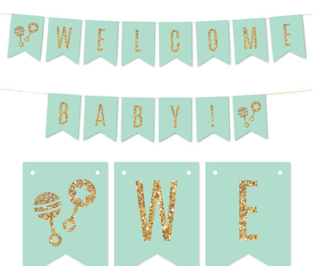Gold Glitter Welcome Baby! Hanging Pennant Party Banner-Set of 1-Andaz Press-