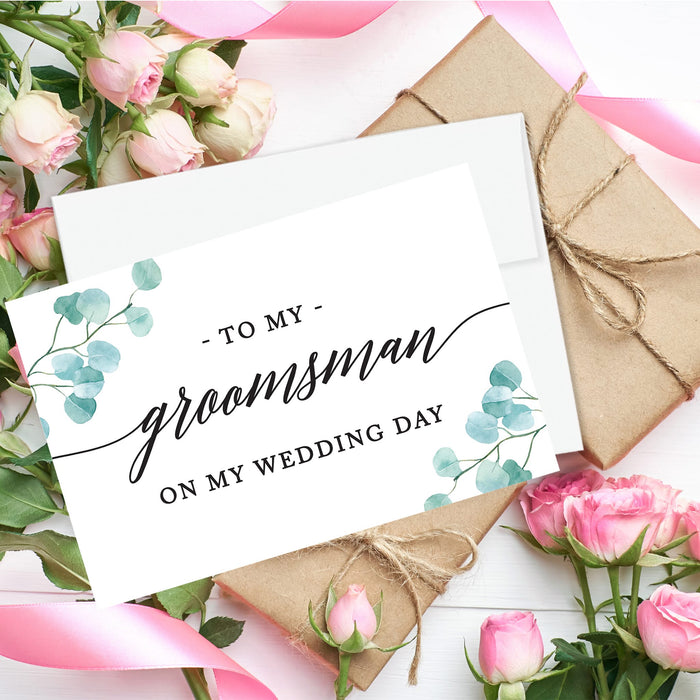 Groomsmen Wedding Day Gift Cards with Envelopes, On My Wedding Day Cards, Ring Bearer Thank You Cards-Set of 8-Andaz Press-Eucalyptus Leaves-