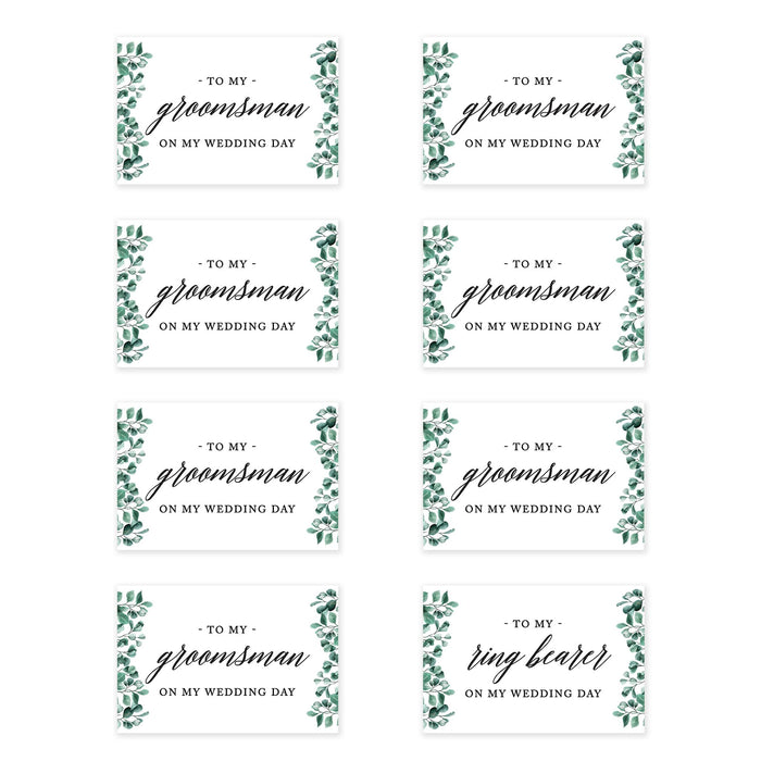 Groomsmen Wedding Day Gift Cards with Envelopes, On My Wedding Day Cards, Ring Bearer Thank You Cards-Set of 8-Andaz Press-Frosted Green Leaves-