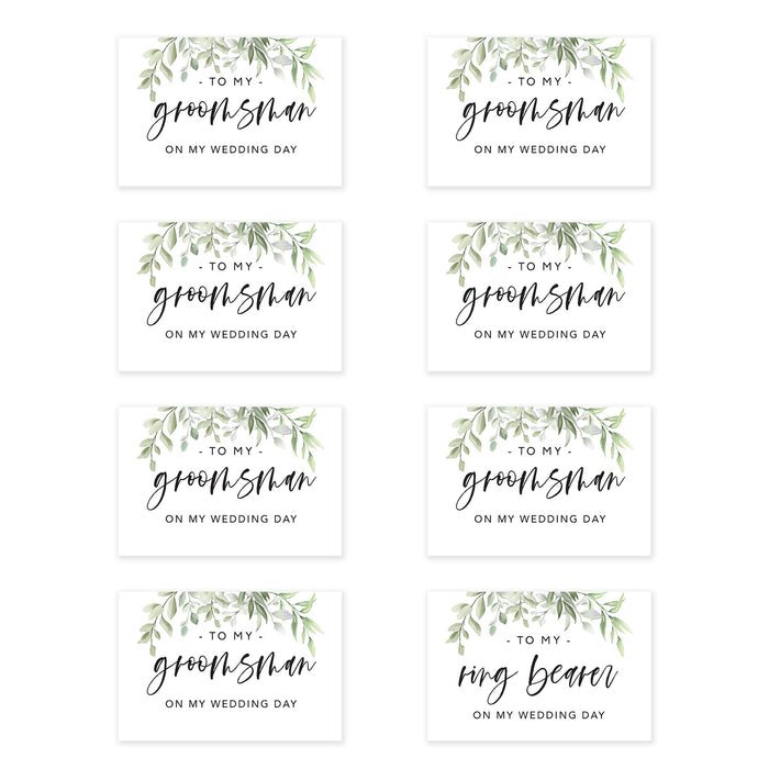 Groomsmen Wedding Day Gift Cards with Envelopes, On My Wedding Day Cards, Ring Bearer Thank You Cards-Set of 8-Andaz Press-Greenery Leaves-