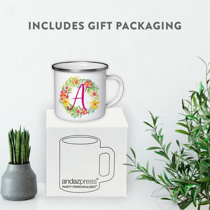 Hawaii Tropical Flowers and Palm Leaves Floral Wreath Monogram Campfire Coffee Mug-Set of 1-Andaz Press-A-