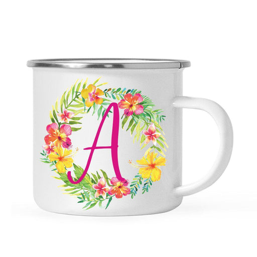 Hawaii Tropical Flowers and Palm Leaves Floral Wreath Monogram Campfire Coffee Mug-Set of 1-Andaz Press-A-