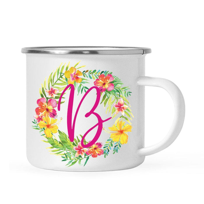 Hawaii Tropical Flowers and Palm Leaves Floral Wreath Monogram Campfire Coffee Mug-Set of 1-Andaz Press-B-