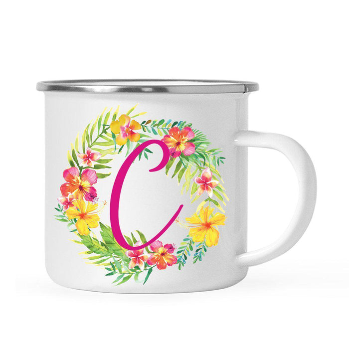 Hawaii Tropical Flowers and Palm Leaves Floral Wreath Monogram Campfire Coffee Mug-Set of 1-Andaz Press-C-