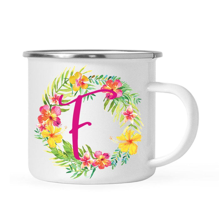 Hawaii Tropical Flowers and Palm Leaves Floral Wreath Monogram Campfire Coffee Mug-Set of 1-Andaz Press-F-