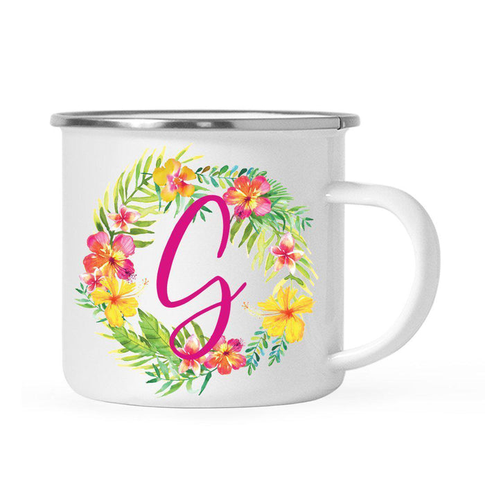 Hawaii Tropical Flowers and Palm Leaves Floral Wreath Monogram Campfire Coffee Mug-Set of 1-Andaz Press-G-