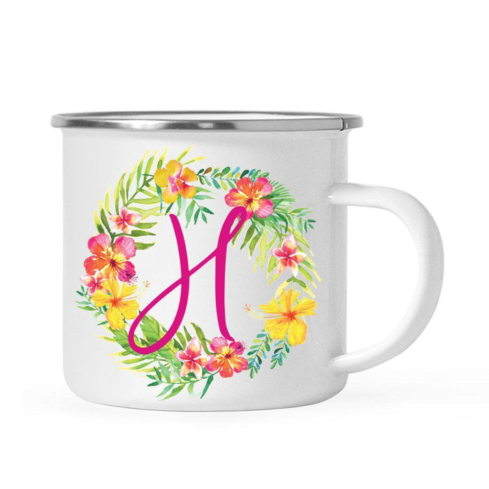 Hawaii Tropical Flowers and Palm Leaves Floral Wreath Monogram Campfire Coffee Mug-Set of 1-Andaz Press-H-