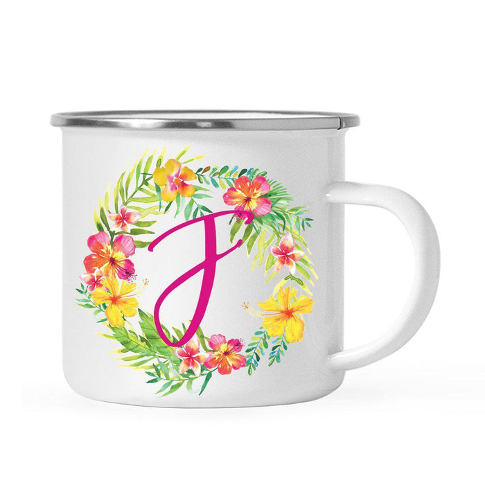 Hawaii Tropical Flowers and Palm Leaves Floral Wreath Monogram Campfire Coffee Mug-Set of 1-Andaz Press-J-
