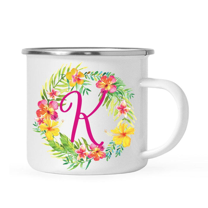 Hawaii Tropical Flowers and Palm Leaves Floral Wreath Monogram Campfire Coffee Mug-Set of 1-Andaz Press-K-