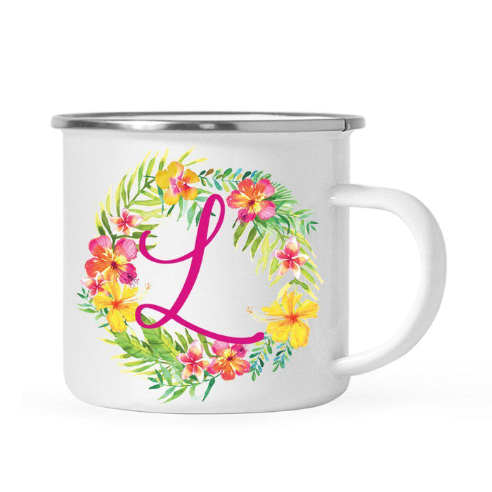 Hawaii Tropical Flowers and Palm Leaves Floral Wreath Monogram Campfire Coffee Mug-Set of 1-Andaz Press-L-