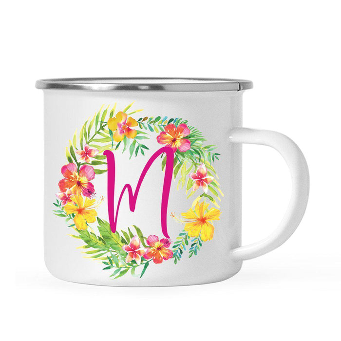 Hawaii Tropical Flowers and Palm Leaves Floral Wreath Monogram Campfire Coffee Mug-Set of 1-Andaz Press-M-