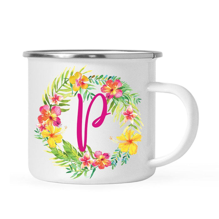 Hawaii Tropical Flowers and Palm Leaves Floral Wreath Monogram Campfire Coffee Mug-Set of 1-Andaz Press-P-