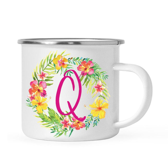 Hawaii Tropical Flowers and Palm Leaves Floral Wreath Monogram Campfire Coffee Mug-Set of 1-Andaz Press-Q-