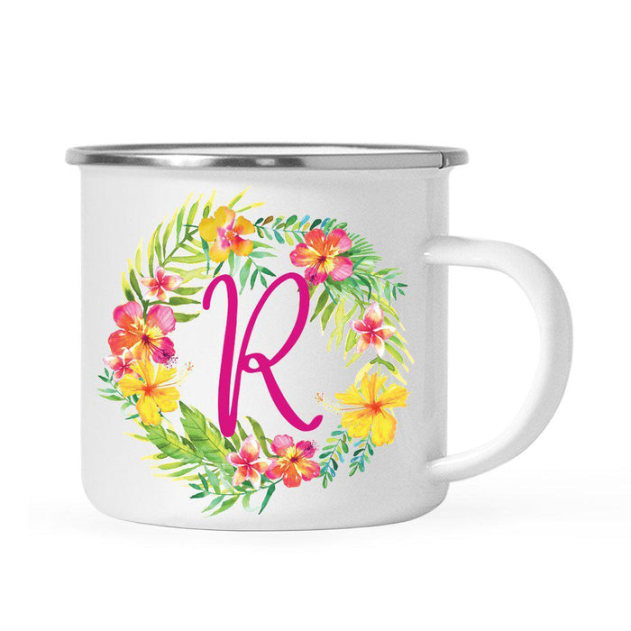 Hawaii Tropical Flowers and Palm Leaves Floral Wreath Monogram Campfire Coffee Mug-Set of 1-Andaz Press-R-