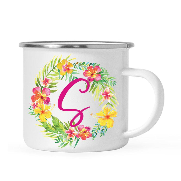 Hawaii Tropical Flowers and Palm Leaves Floral Wreath Monogram Campfire Coffee Mug-Set of 1-Andaz Press-S-