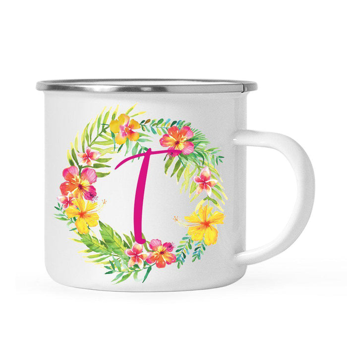 Hawaii Tropical Flowers and Palm Leaves Floral Wreath Monogram Campfire Coffee Mug-Set of 1-Andaz Press-T-
