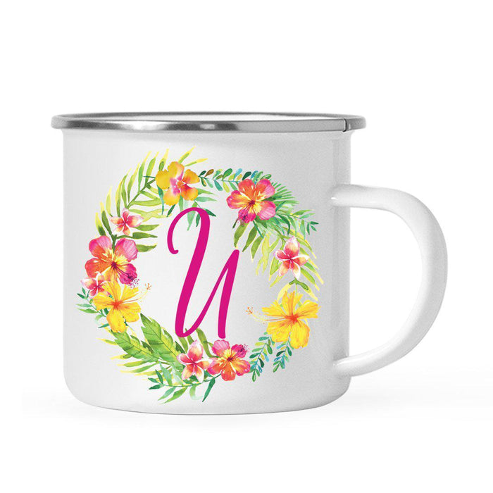 Hawaii Tropical Flowers and Palm Leaves Floral Wreath Monogram Campfire Coffee Mug-Set of 1-Andaz Press-U-