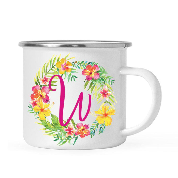 Hawaii Tropical Flowers and Palm Leaves Floral Wreath Monogram Campfire Coffee Mug-Set of 1-Andaz Press-W-