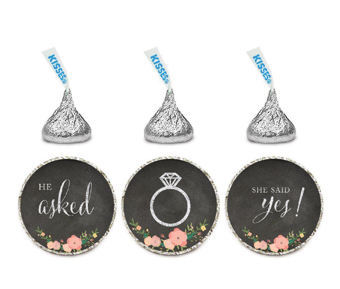 He Asked She Said Yes! Chalkboard Floral Roses Hershey's Kisses Stickers-Set of 216-Andaz Press-