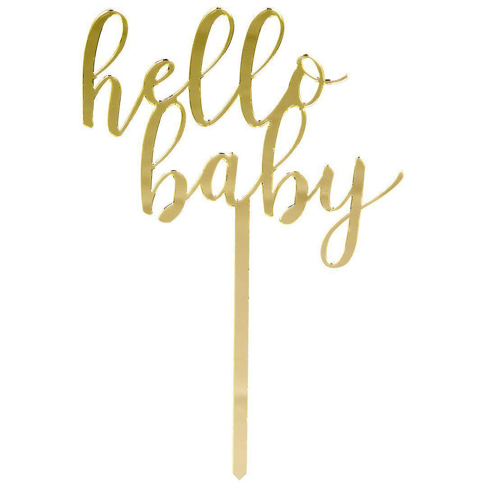 Hello Baby Mirror Acrylic Cake Toppers-Set of 1-Andaz Press-Gold-