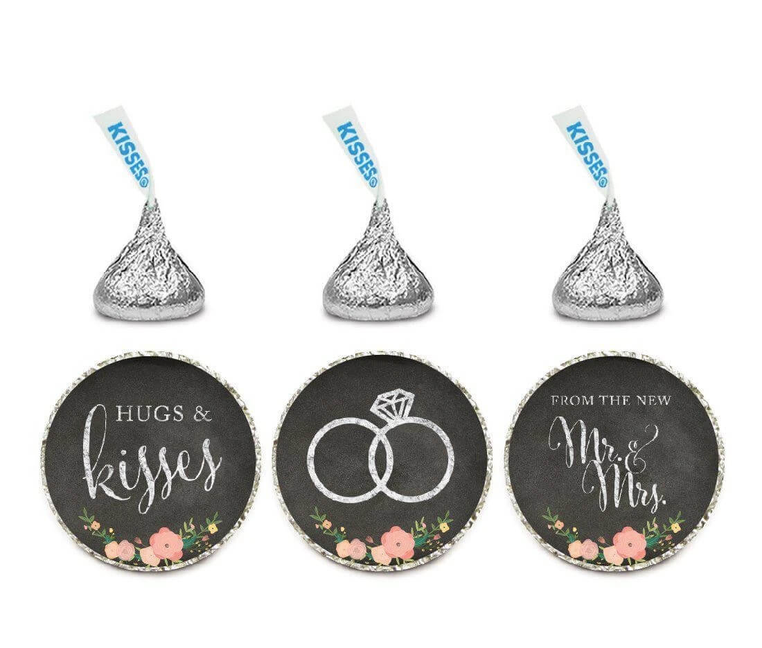 Hugs & Kisses from the New Mr. & Mrs. Chalkboard Floral Roses Hershey's Kisses Stickers-Set of 216-Andaz Press-