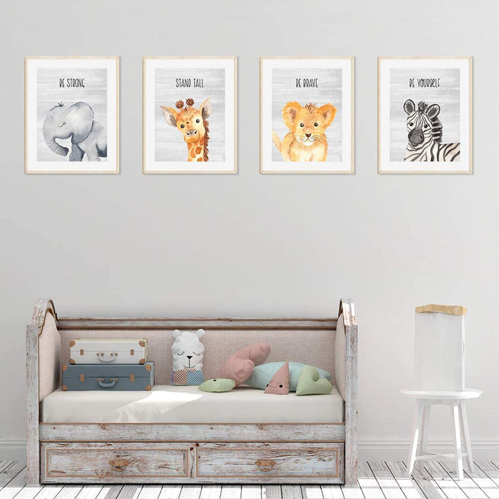 Inspirational Nursery Room Wall Art, Baby Animals, Elephant Giraffe Lion Zebra, Gray Rustic Wood-Set of 4-Andaz Press-