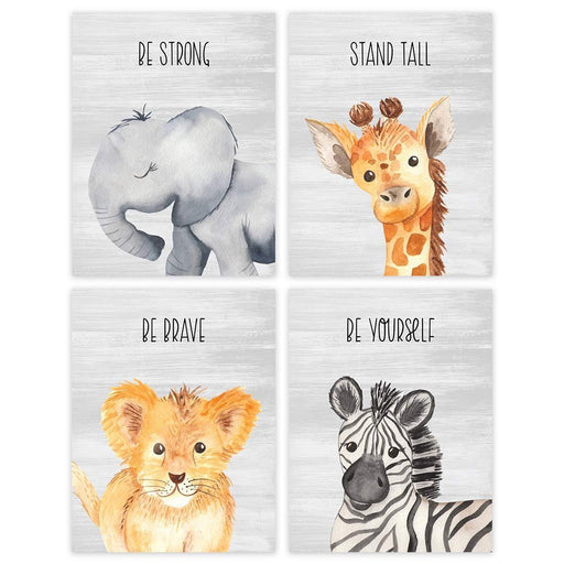 Inspirational Nursery Room Wall Art, Baby Animals, Elephant Giraffe Lion Zebra, Gray Rustic Wood-Set of 4-Andaz Press-
