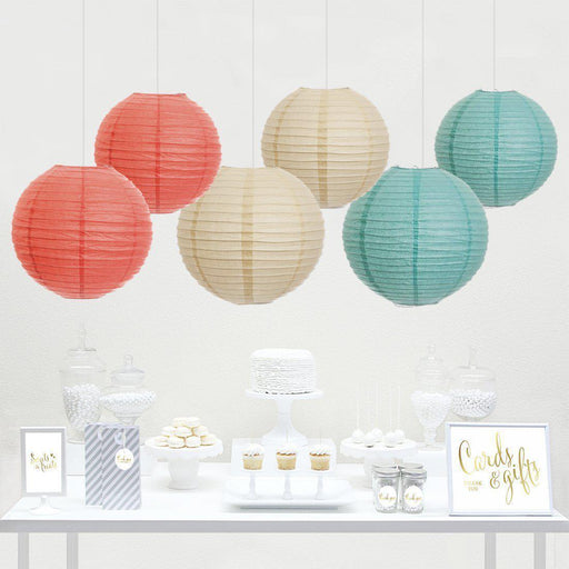 Ivory, Coral, Diamond Blue Hanging Paper Lanterns Decorative Kit-Set of 6-Andaz Press-