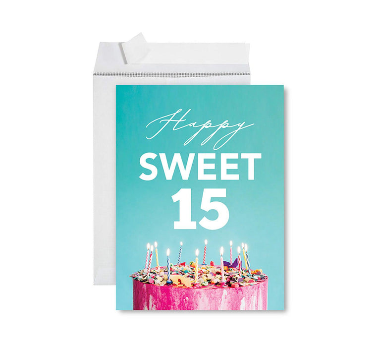 Jumbo Happy 15 Birthday Card with Envelope-Set of 1-Andaz Press-Cake & Candles-