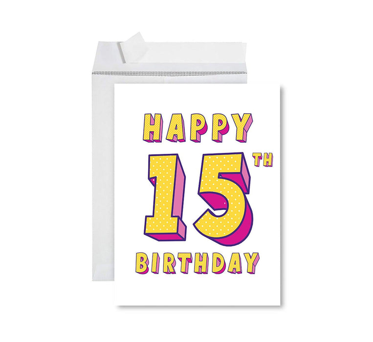 Jumbo Happy 15 Birthday Card with Envelope-Set of 1-Andaz Press-Purple & Yellow-