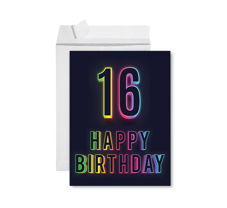 Jumbo Happy 16 Birthday Card with Envelope-Set of 1-Andaz Press-Neon Rainbow-