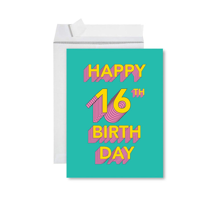 Jumbo Happy 16 Birthday Card with Envelope-Set of 1-Andaz Press-Retro 80s-