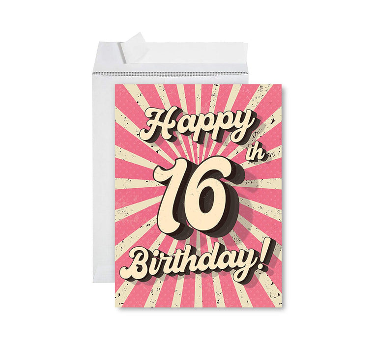 Jumbo Happy 16 Birthday Card with Envelope-Set of 1-Andaz Press-Retro Vintage-