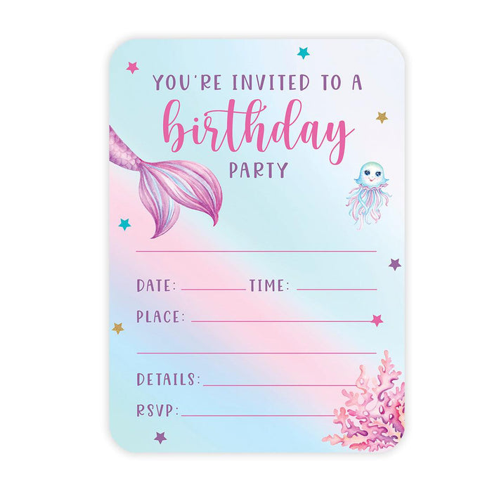 Kids Birthday Blank Party Invitations with Envelopes-Set of 24-Andaz Press-Mermaid-