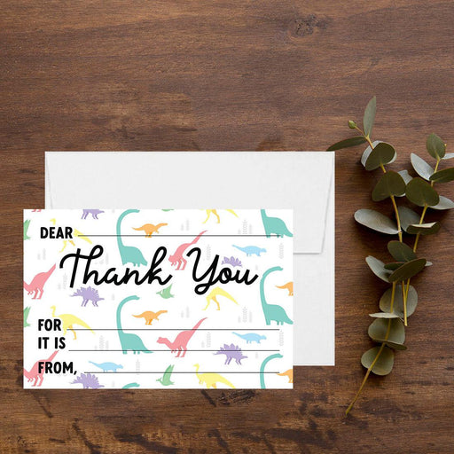Kids Fill in the Blank Thank You Cards, For Party Guests-Set of 20-Andaz Press-Colorful Dinosaurs-