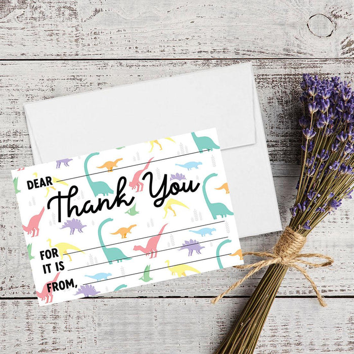 Kids Fill in the Blank Thank You Cards, For Party Guests-Set of 20-Andaz Press-Colorful Dinosaurs-