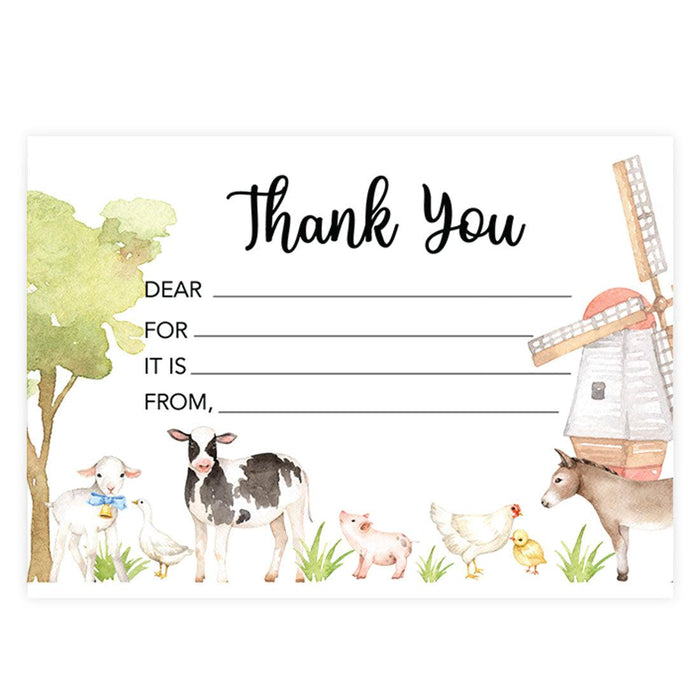 Kids Fill in the Blank Thank You Cards, For Party Guests-Set of 20-Andaz Press-Farm Animals-
