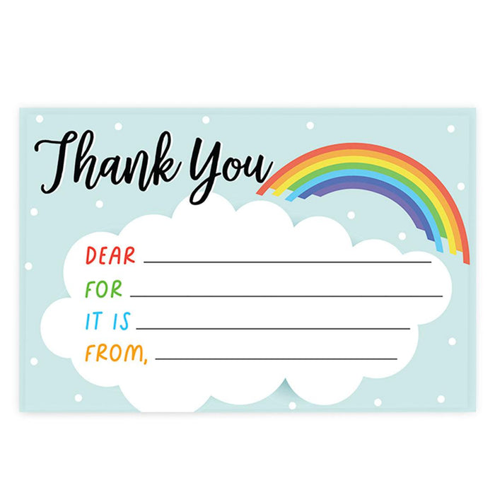 Kids Fill in the Blank Thank You Cards, For Party Guests-Set of 20-Andaz Press-Rainbow & Clouds-
