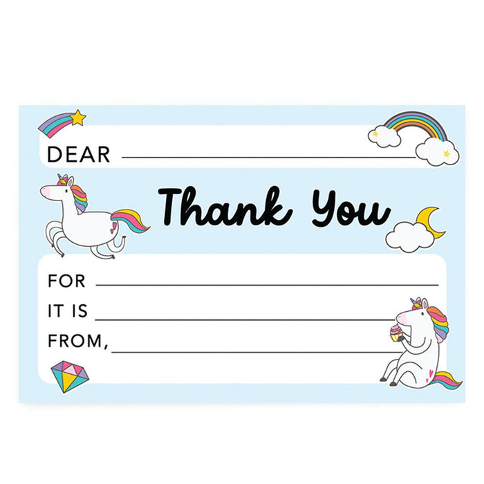 Kids Fill in the Blank Thank You Cards, For Party Guests-Set of 20-Andaz Press-Rainbows & Unicorns-