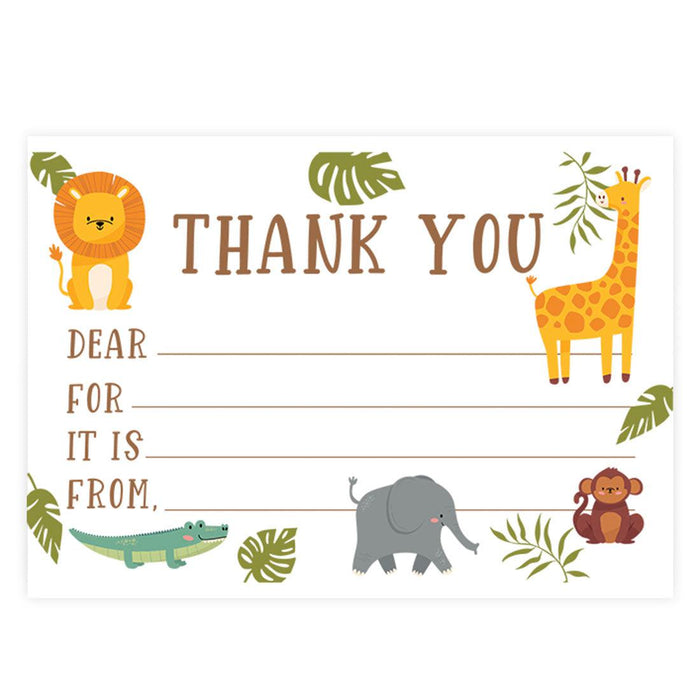 Kids Fill in the Blank Thank You Cards, For Party Guests-Set of 20-Andaz Press-Safari Jungle Animals-