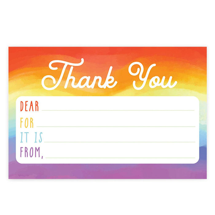 Kids Fill in the Blank Thank You Cards, For Party Guests-Set of 20-Andaz Press-Watercolor Rainbow-