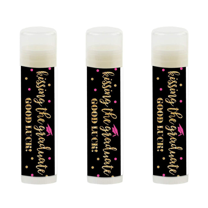 Kissing The Graduate Good Luck! Lip Balm Favors-Set of 12-Andaz Press-Black and White-