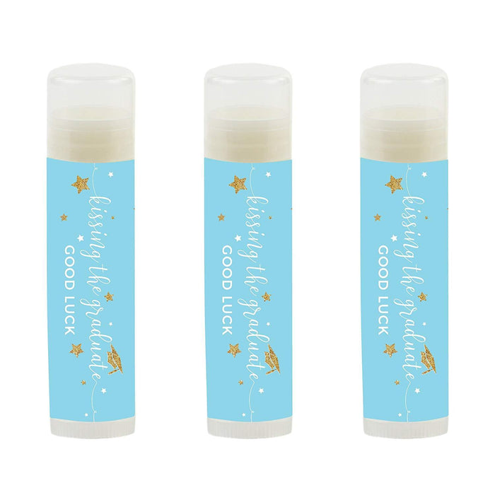 Kissing The Graduate Good Luck! Lip Balm Favors-Set of 12-Andaz Press-Baby Blue and Gold Glittering-