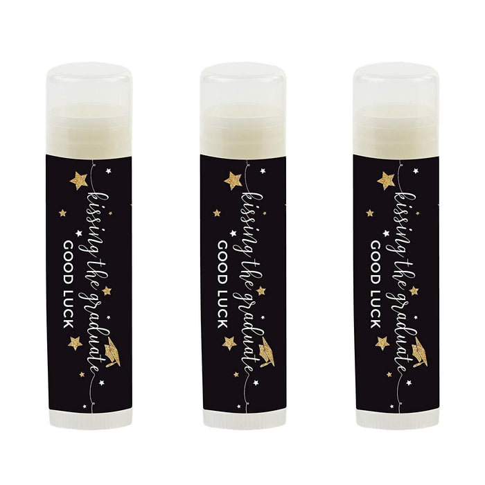 Kissing The Graduate Good Luck! Lip Balm Favors-Set of 12-Andaz Press-Black and Gold Glittering-