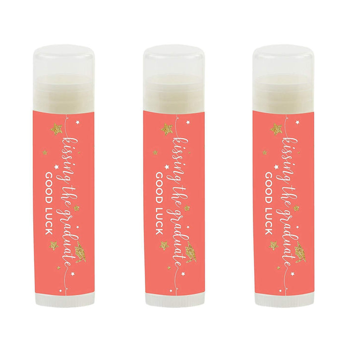 Kissing The Graduate Good Luck! Lip Balm Favors-Set of 12-Andaz Press-Coral and Gold Glittering-